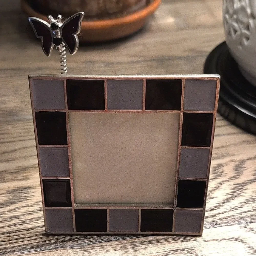 Enamel Checkered Square Butterfly Photo Frame - Purple and Lavender